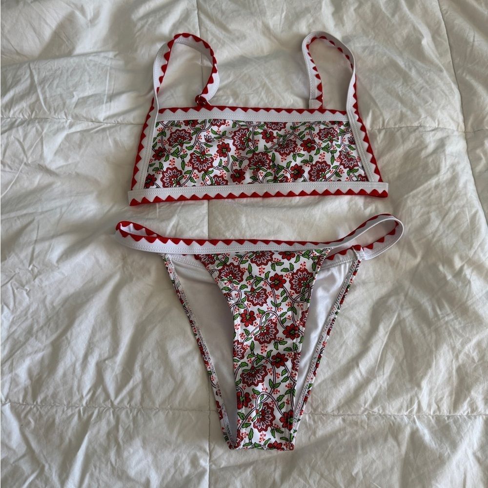 Shein Bikini Set XS Floral Red White Bralette Top and Triangle Bottom